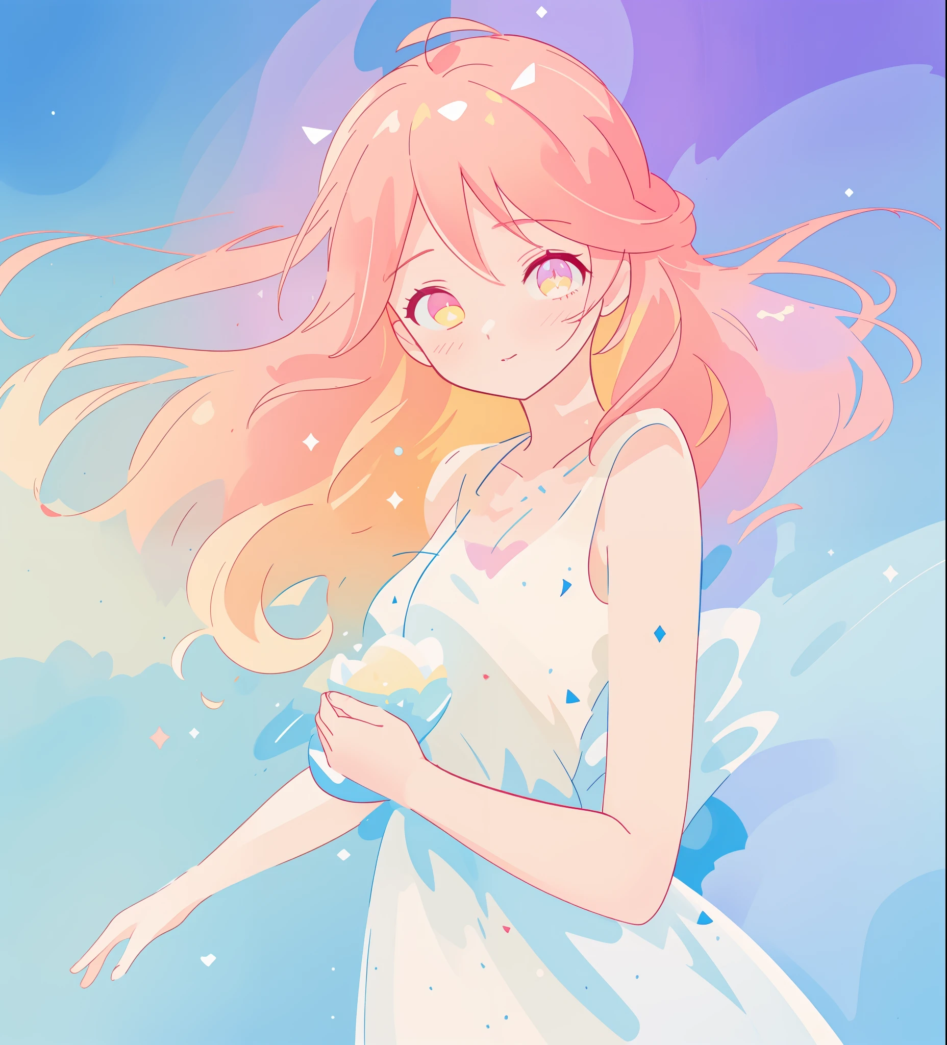 beautiful girl in flowing white dress, vibrant pastel colors, (colorful), magical lights, long flowing colorful peach hair, inspired by Glen Keane, inspired by Lois van Baarle, disney art style, by Lois van Baarle, glowing aura around her, by Glen Keane, jen bartel, glowing lights! digital painting, flowing glowing hair, glowing flowing hair, beautiful digital illustration, fantasia background, whimsical, magical, fantasy, beautiful face, ((masterpiece, best quality)), intricate details, highly detailed, sharp focus, 8k resolution, sparkling detailed eyes, liquid watercolor