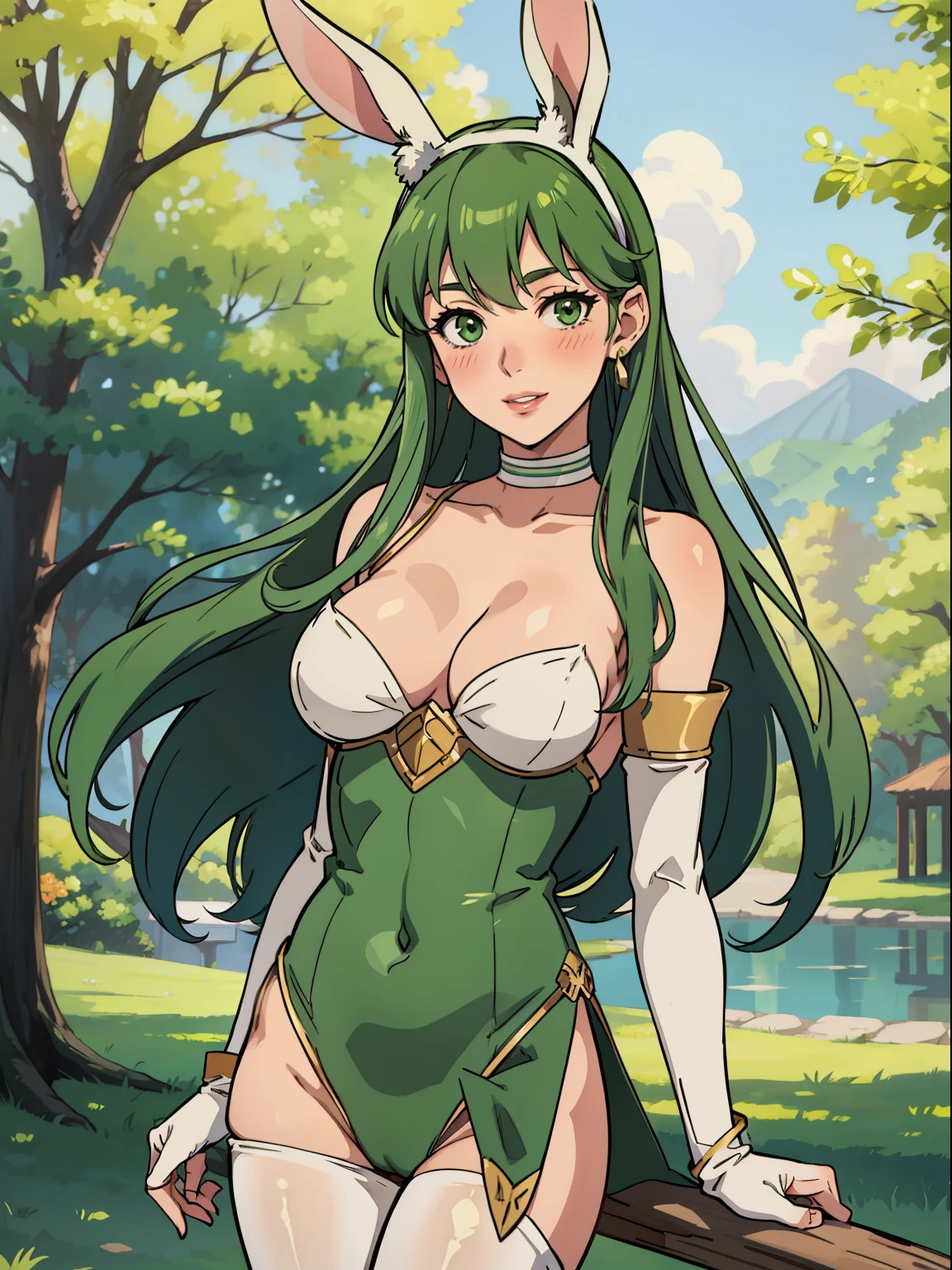 Palla (Fire Emblem), long hair, green hair1girl, solo, perfect breasts, ,earrings glossy lips ,looking at viewer, blush, large breasts, nature, pond, trees, park, long white elbow satin gloves, holding, animal ears, cleavage, bare shoulders, jewelry, very l, gentle smile, pantyhose, earrings, fake rabbit ears, leotard, fake animal ears bunny, long white elbow gloves