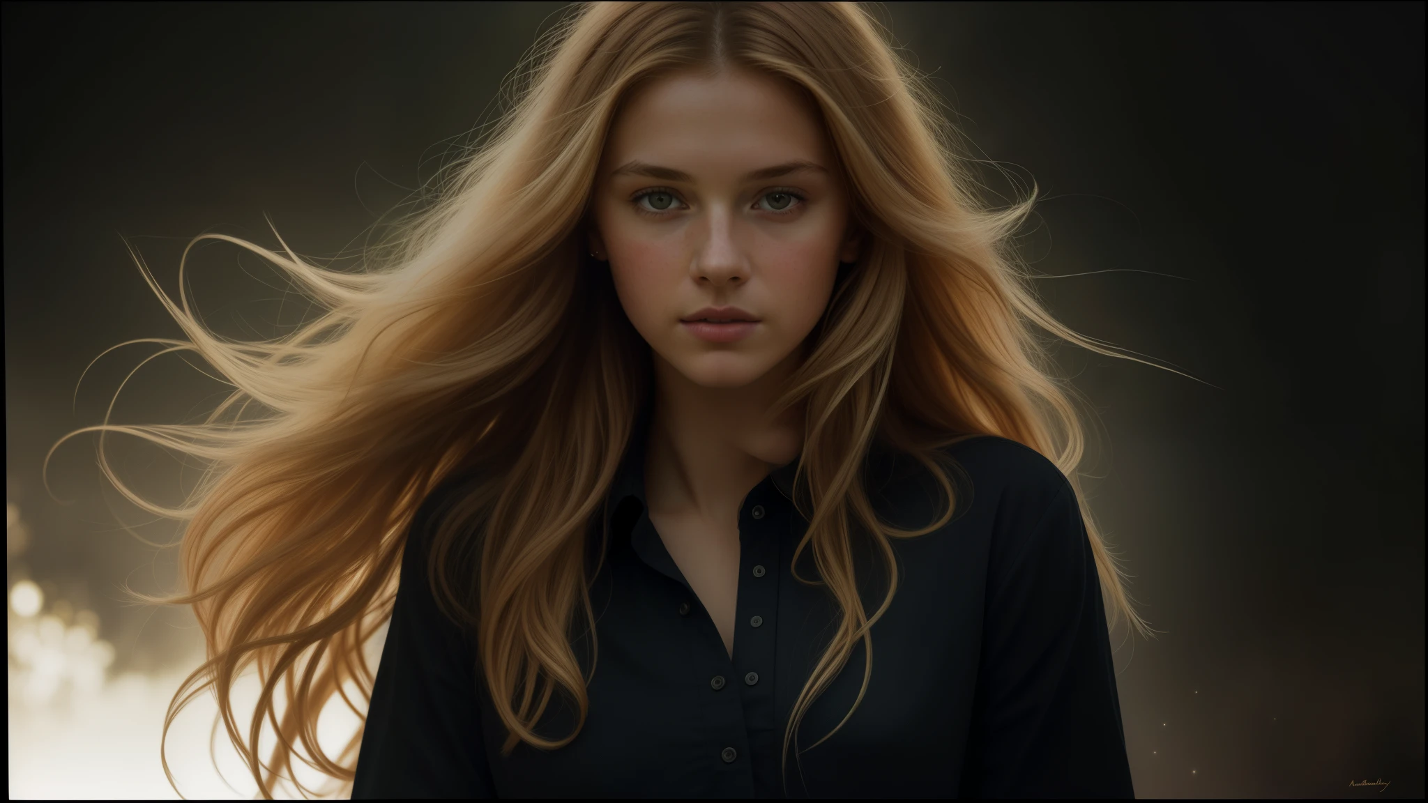 (front focus),(in the dark:1.6), Hyperrealist portrait of the female by David Hockney and Alphonse Mucha, fantasy art, photo-realistic, dynamic lighting, art station, poster, volumetric lighting, very detailed faces, 4 k, award-winning,, 1girl, in the dark, deep shadow, low key, cowboy shot,(official clothing:1.4), long hair, blond hair,