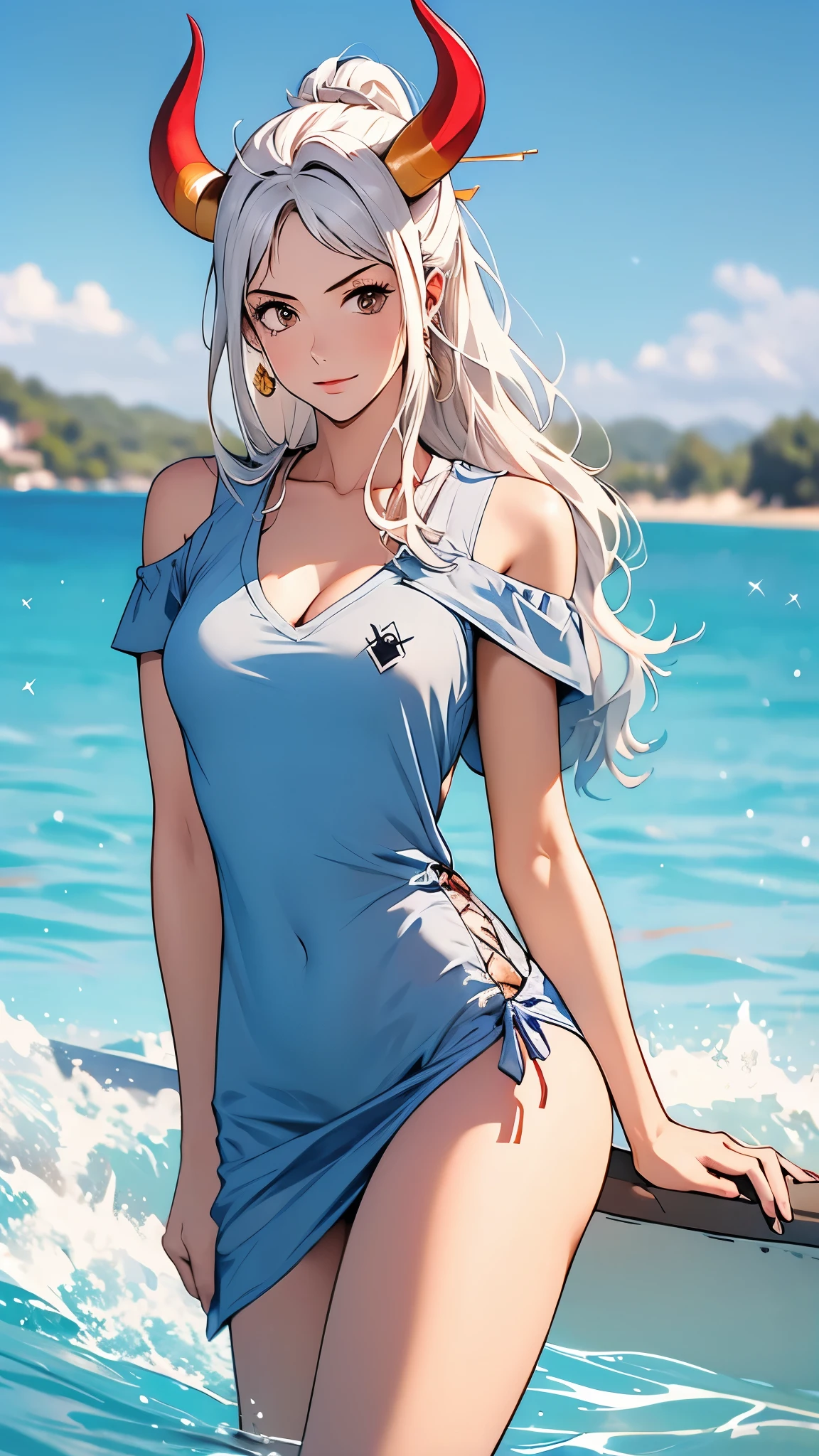 Off the shoulder dress，a girl，one piece,yamato，Yamato，swimsuit，White hair，Red horns