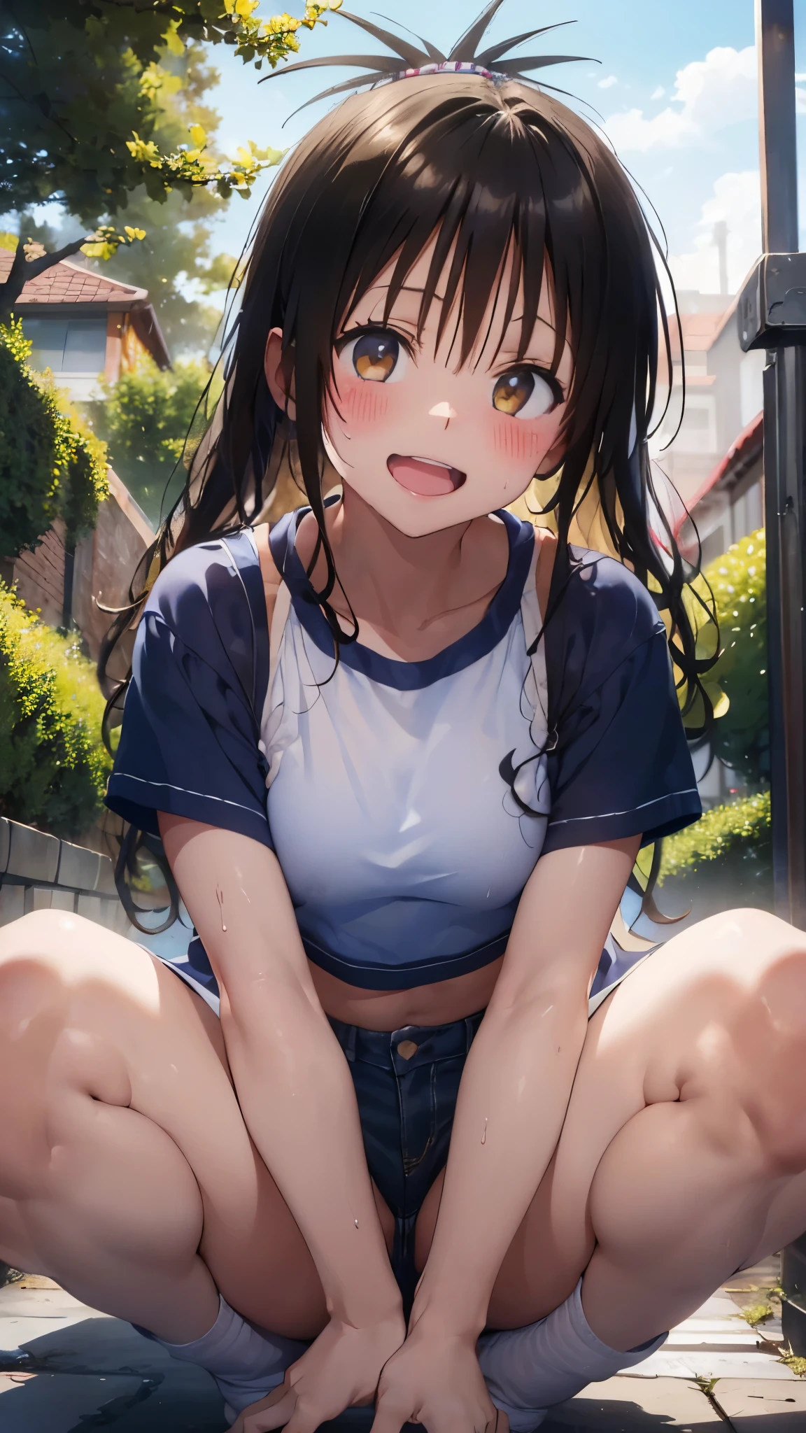 1 female,black hair,((************)),(((White and blue sports bra and shorts)))(((blush、open mouth smile)),(((Yuki Mikan))),crowd(Baby girl body shape)(((small breasts)))squat,((wet with sweat))Outside playground,Mansuji