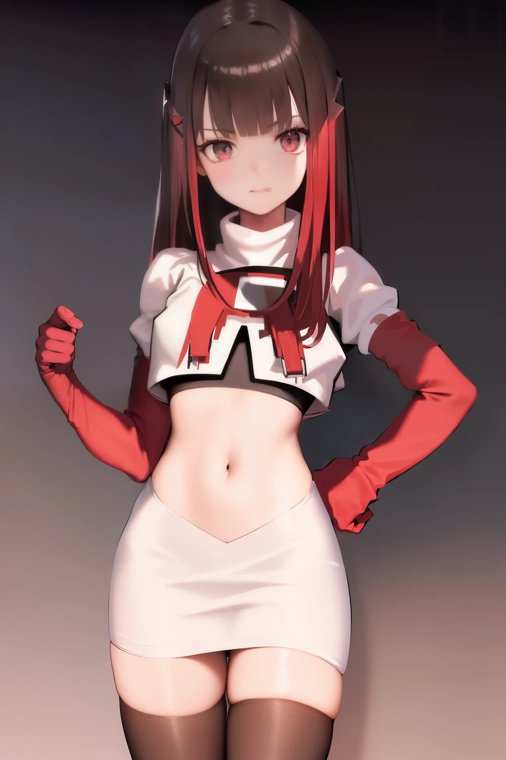 masterpiece, best quality, highres, 1girl hair ornament, team rocket,team rocket uniform, red letter R, white skirt,white crop top,black thigh-highs,black elbow gloves,