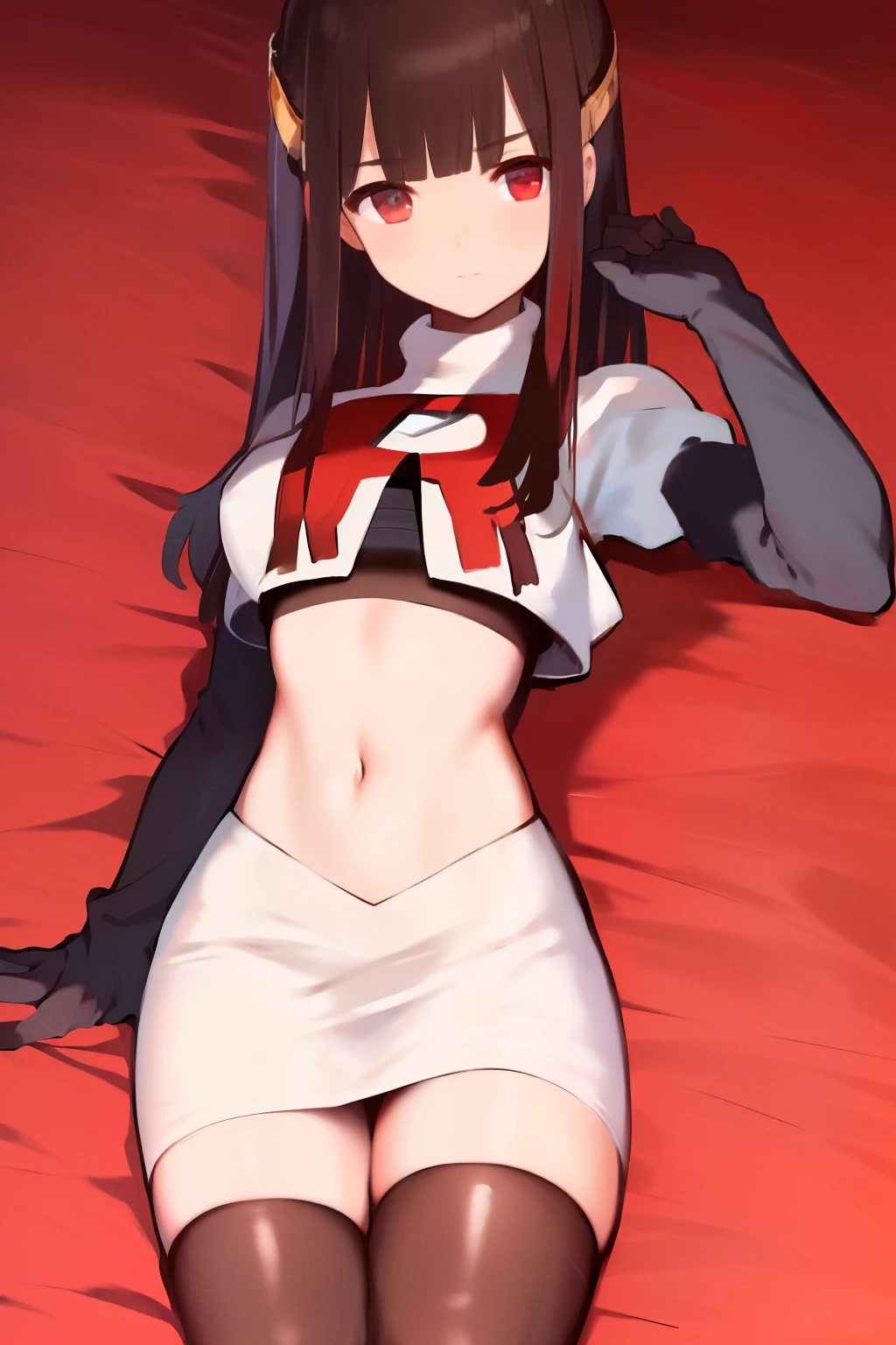 masterpiece, best quality, highres, 1girl hair ornament, team rocket,team rocket uniform, red letter R, white skirt,white crop top,black thigh-highs,black elbow gloves,