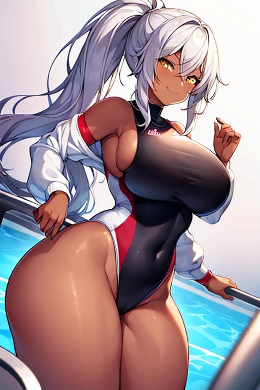 1girl, large breasts, wide hips, thick thighs, dark-skinned female, dark skin, white hair, ponytail, yellow eyes, smirk, smug, smile, one-piece swimsuit, competition swimsuit, white swimsuit, pool, sleeves, long sleeves, red trim, red line, bare legs