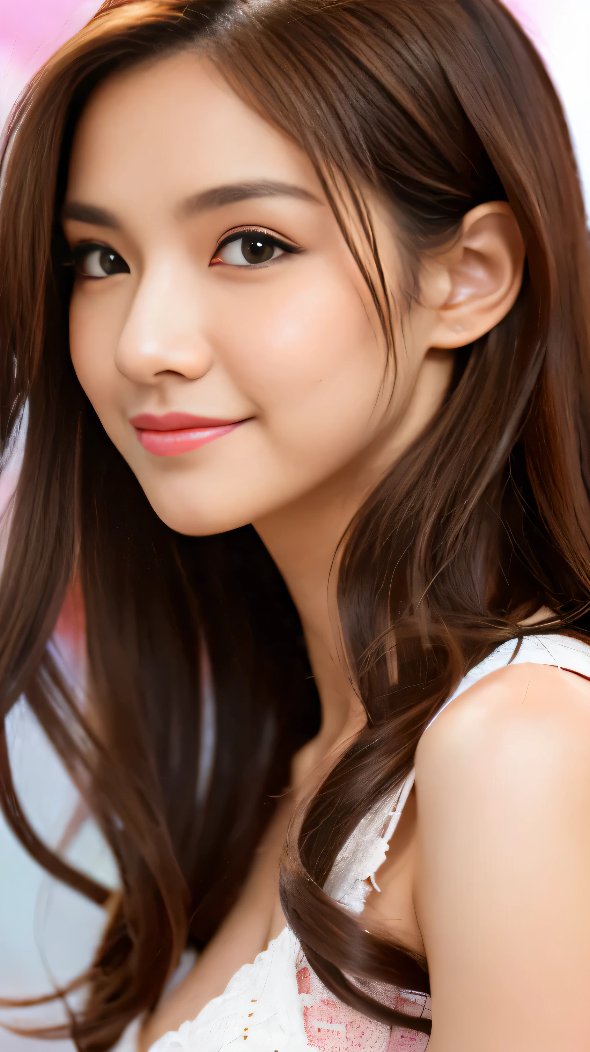 highest quality。masterpiece。Ultra HD。girl。23age。Gravure idol。Features。Long Hair。The color is dark brown。(((Amazingly large breasts:5.0)))。Glamorous body。Long legs。Like a chamois。A girl who looks good in a bikini。Best regards。she smiles a little.