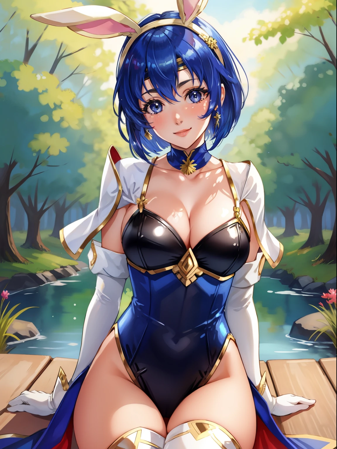 face of Catria (Fire Emblem), short hair, blue hair, headband ,1girl, solo, perfect breasts, ,earrings glossy lips ,looking at viewer, blush, large breasts, nature, pond, trees, park, long white elbow satin gloves, holding, animal ears, cleavage, bare shoulders, jewelry, very l, gentle smile, pantyhose, earrings, fake rabbit ears,  leotard, fake animal ears bunny, long white elbow gloves