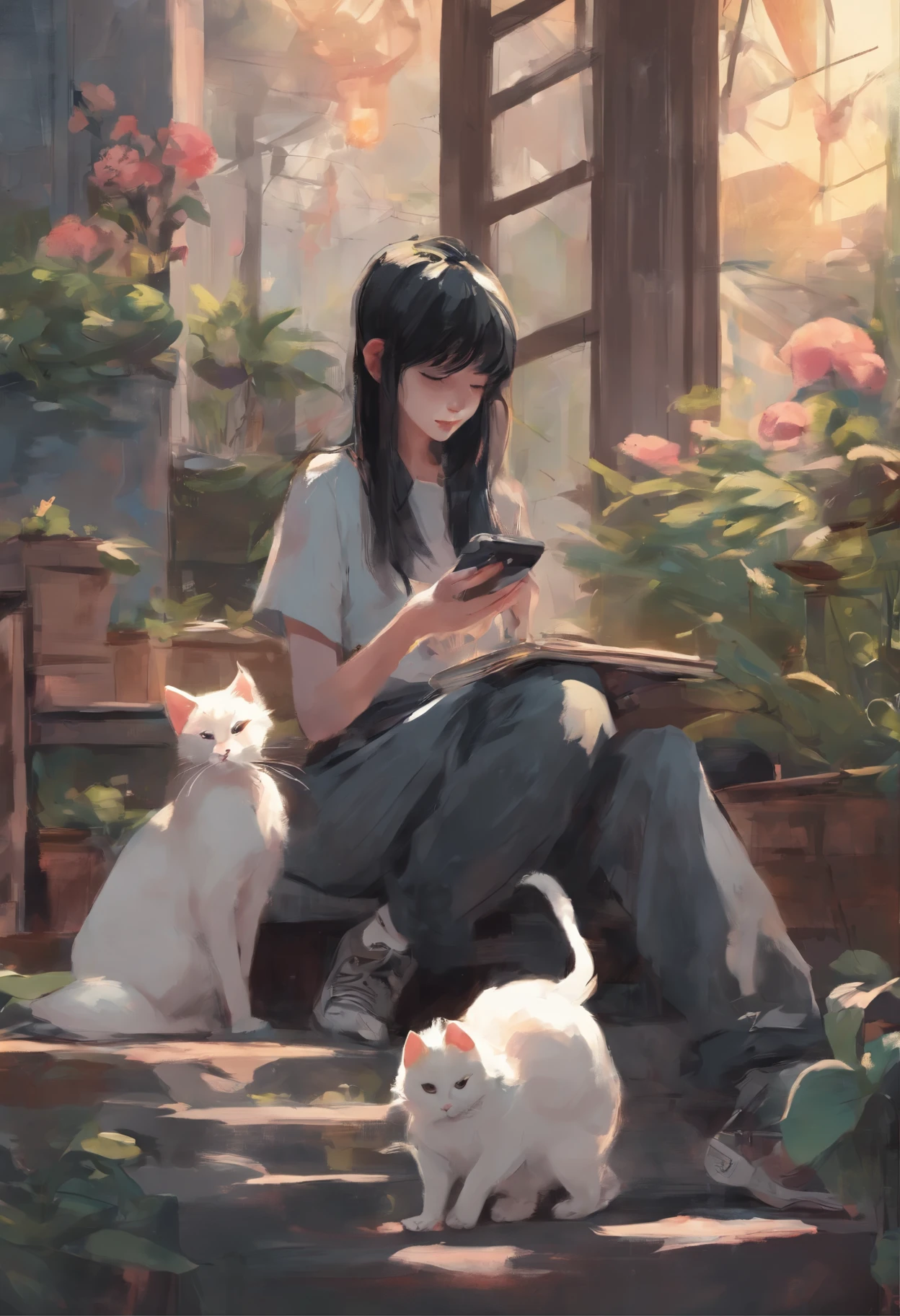 black hair、Bangs、Girl in baggy pants listens to music with her black and white cat,Holding a chick puppy in hand