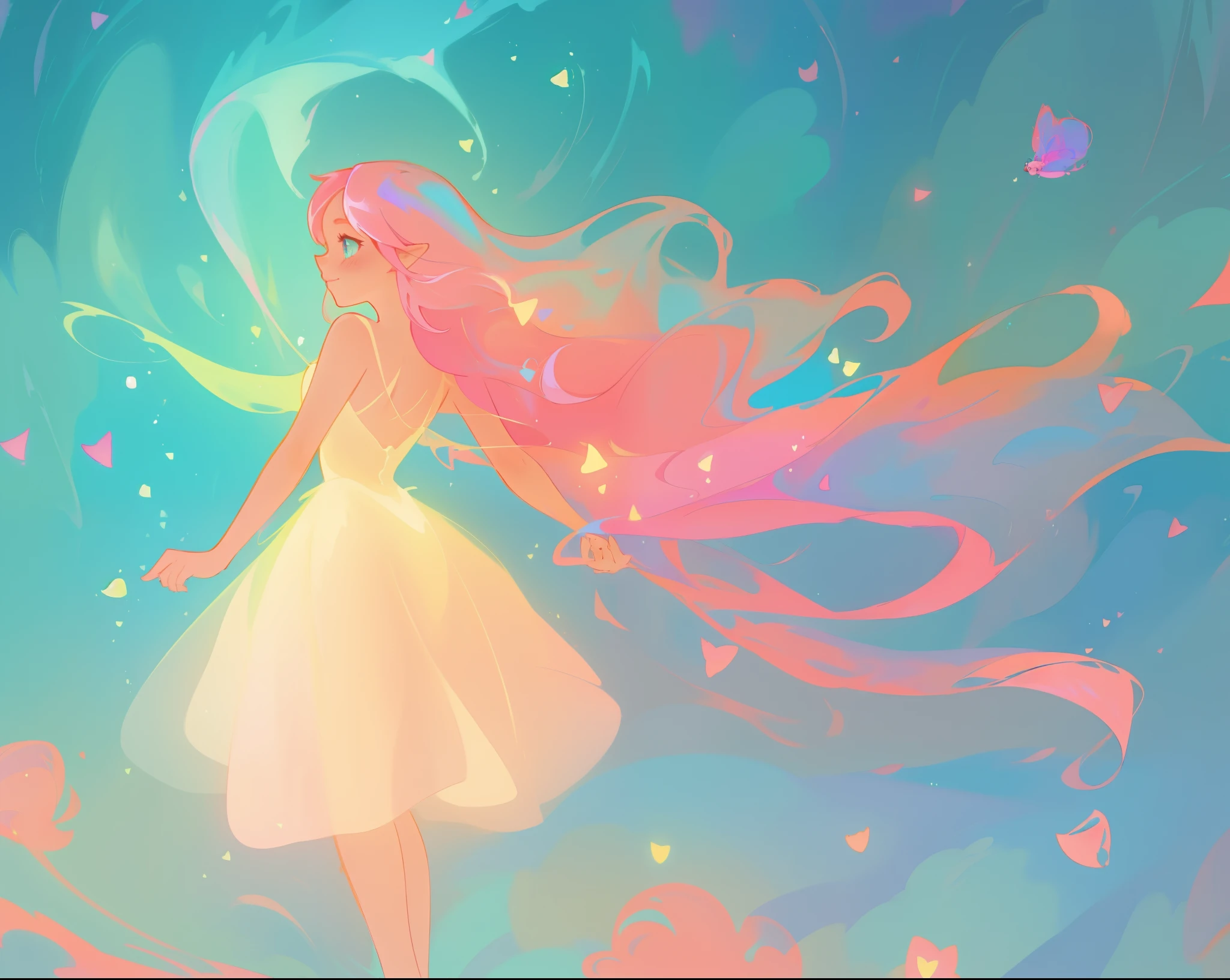 beautiful girl in puffy white tutu dress, vibrant pastel colors, (colorful), magical lights, long flowing pink hair, inspired by Glen Keane, inspired by Lois van Baarle, disney art style, by Lois van Baarle, glowing aura around her, by Glen Keane, jen bartel, glowing lights! digital painting, flowing glowing hair, glowing flowing hair, beautiful digital illustration, fantasia background, whimsical, magical, fantasy, beautiful face, ((masterpiece, best quality)), intricate details, highly detailed, sharp focus, 8k resolution, sparkling detailed eyes, liquid watercolor