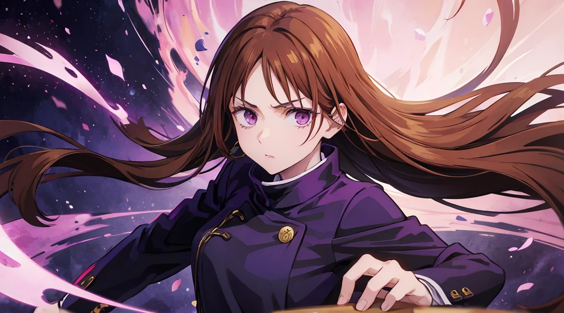 Long brown hair, cute, purple eyes, jujutsu kaisen uniforn