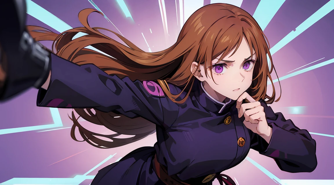 Long brown hair, cute, purple eyes, jujutsu kaisen uniforn