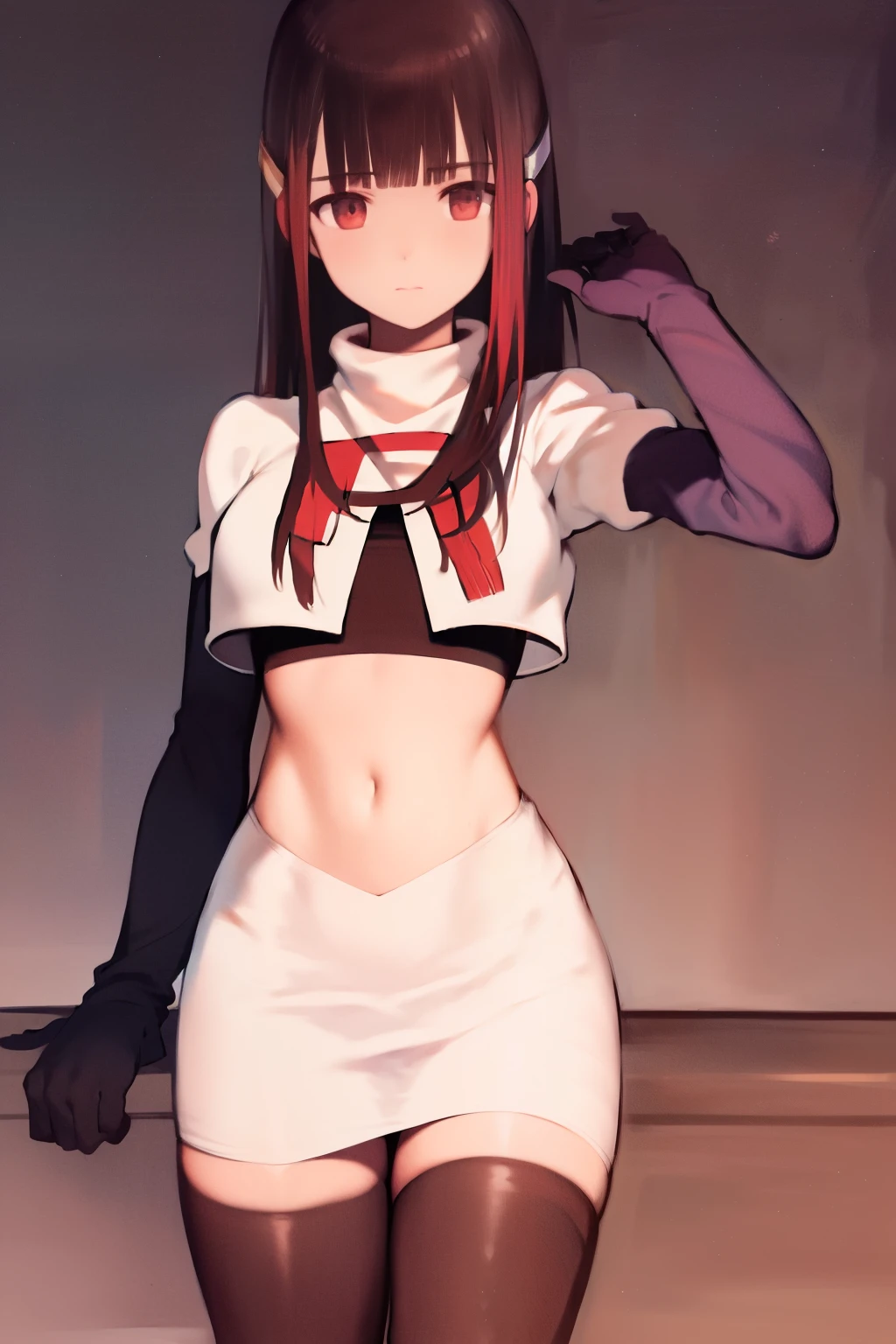 masterpiece, best quality, highres, 1girl hair ornament, team rocket,team rocket uniform, red letter R, white skirt,white crop top,black thigh-highs,black elbow gloves,