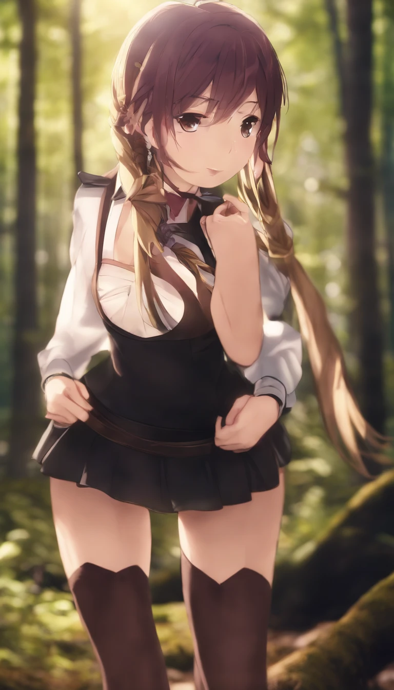 (8k, highest quality, Tabletop:1.2)、Ultra-high resolution、One 16-year-old girl, Blonde, White lace panties, in the forest, Grab the hem of your skirt with both hands