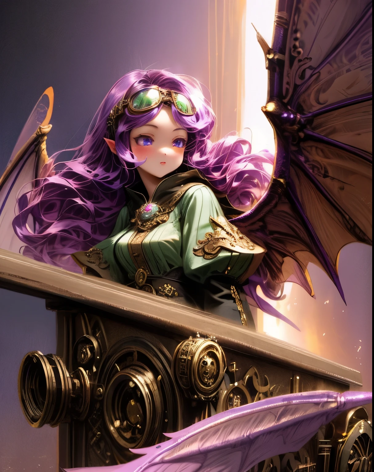 master piece, 1 girl, solo, dragon wings, dragon wings, wavy hair, steampunk goggles, anime, cute fairy, lovely digital painting, Amazing wallpapers, purple, lighting, steampunk theme, dragon theme, draconic, purple color, 4k, highly detailed, anime style, HDR, subsurface scattering, cinematic light, vivd colour, dynamicposes
