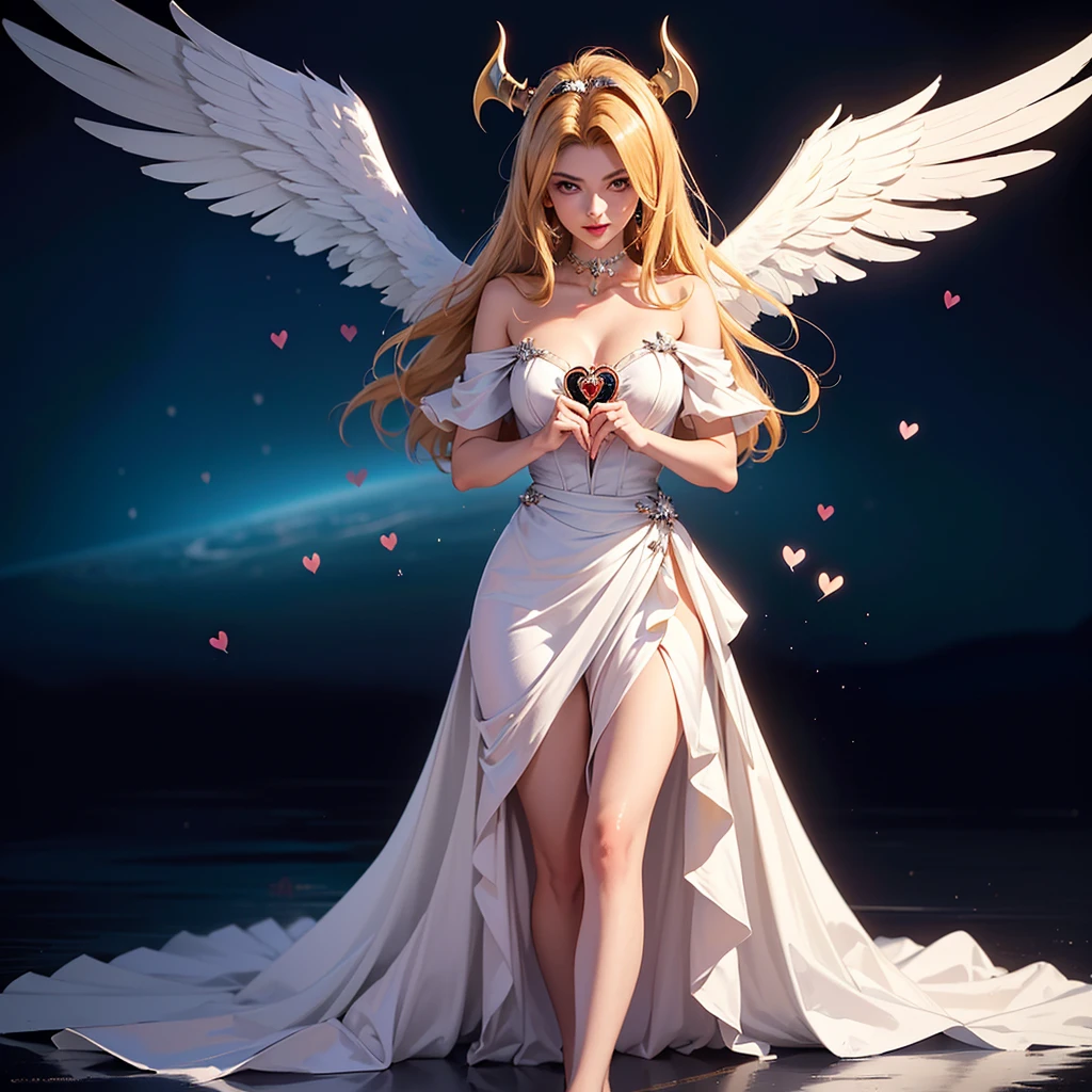 (8k, Foto RAW, melhor qualidade), (Realistic, photo-Realistic:1.37) ((ARTE SURREALISTA)), ((DARK FANTASY ART)), Uma jovem loira com vestido branco com asas, ((the wing on the right is that of a devil and the wing on the left is that of an angel)), half angel half demon, symmetrically divided in half between angel and demon, hands hold a heart floating in the middle of the chest, ((YU-GI-OH! CARD CHANGE OF HEART)), ((A single person in the photo)), ((dualidade)), ((dualidade luz e trevas))