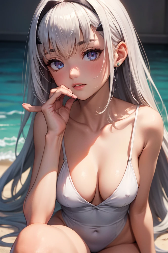 melusina, melusina, (brown eyes: 1.5), long hair, white hair, side locks, (small breasts: 1.2), BREAK white sexy nurse, sexy nurse, wedding,thighs, thighs, white thighs, REST looking at the viewer, REST outdoors,beach, sea, sand, blushing face, BREAK (masterpiece:1.2), best quality, high resolution, unity 8k wallpaper, (artwork:0.8), (beautiful detailed eyes:1.6), extremely detailed face, perfect lighting, extremely detailed CG, (perfect hands, perfect anatomy), on all fours
