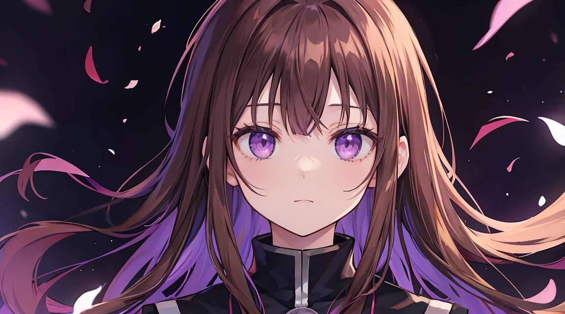 Long brown hair, cute, purple eyes, jujutsu kaisen uniforn 