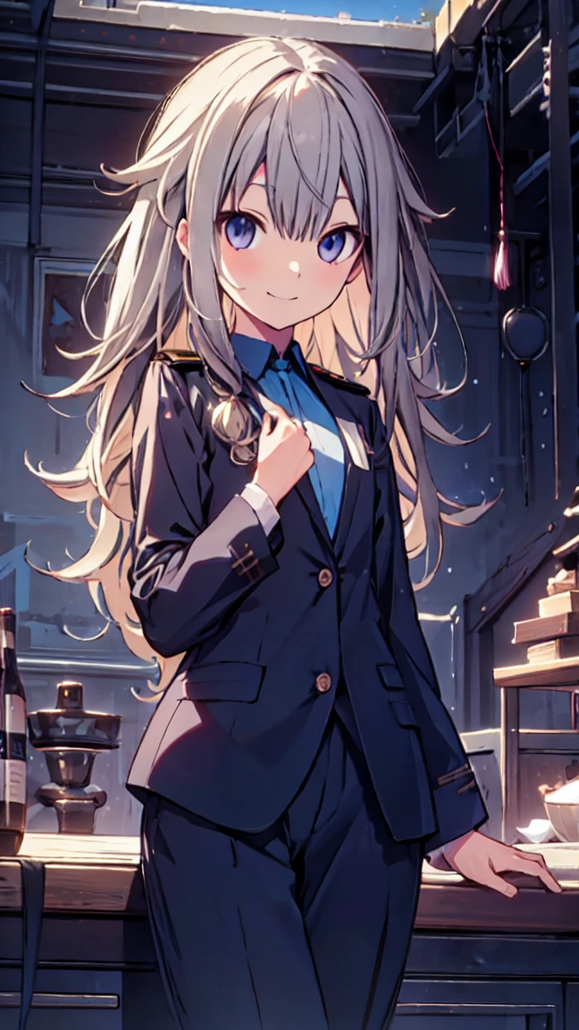 best quality, ultra detailed, absurdres, HDR, 1 loli、surprised smile、uniform、In town、slender body、take a pose、petite