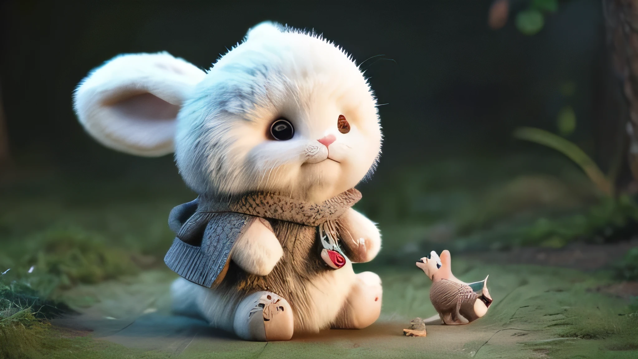 (masterpiece, Award-winning, best quality, high resolution) 3D illustration, 1 cute furry rabbit, wear an outfit, in the woods，Play happily with other small animals，Vista photos