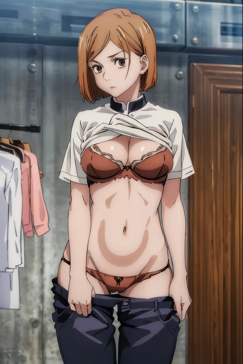 (masterpiece), (best quality), (ultra-detailed), (best illustration), (best shadow), (absurdres), nobarakugisakinova, short hair, orange hair, ((brown eyes)), kugisaki nobara, (shirt lift), 1girl, solo, bangs, looking at viewer, thighs, standing, bra, fitting room, pants pull, panties, 