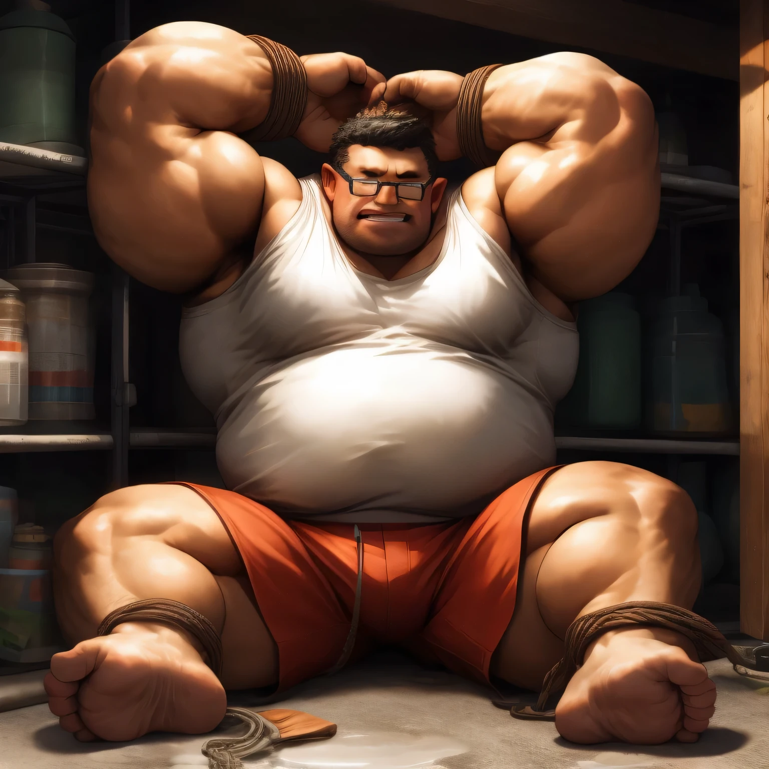 masterpiece,highest quality, At 16K, the fat man is a prisoner, (obesity: 1.0), fatty muscle, His wrists and ankles are tied together with thick handcuffs., Raise the hand, His hands were tied with ropes.、tied behind the head, captured prisoner, arms above head, stretched his arms upward, sitting on the ground, There's a small puddle of steaming water under his butt., Incontinence makes underwear transparent, I was incontinent, naked, short legs, bowl leg, spread your legs, He is wearing red exercise pants and a white tank top., wearing glasses, thin hair, big face man, shy, It's hard to breathe, stern expression, wince in pain, bright skin tone, round face, vapor, alone, In a very small confined equipment storage area