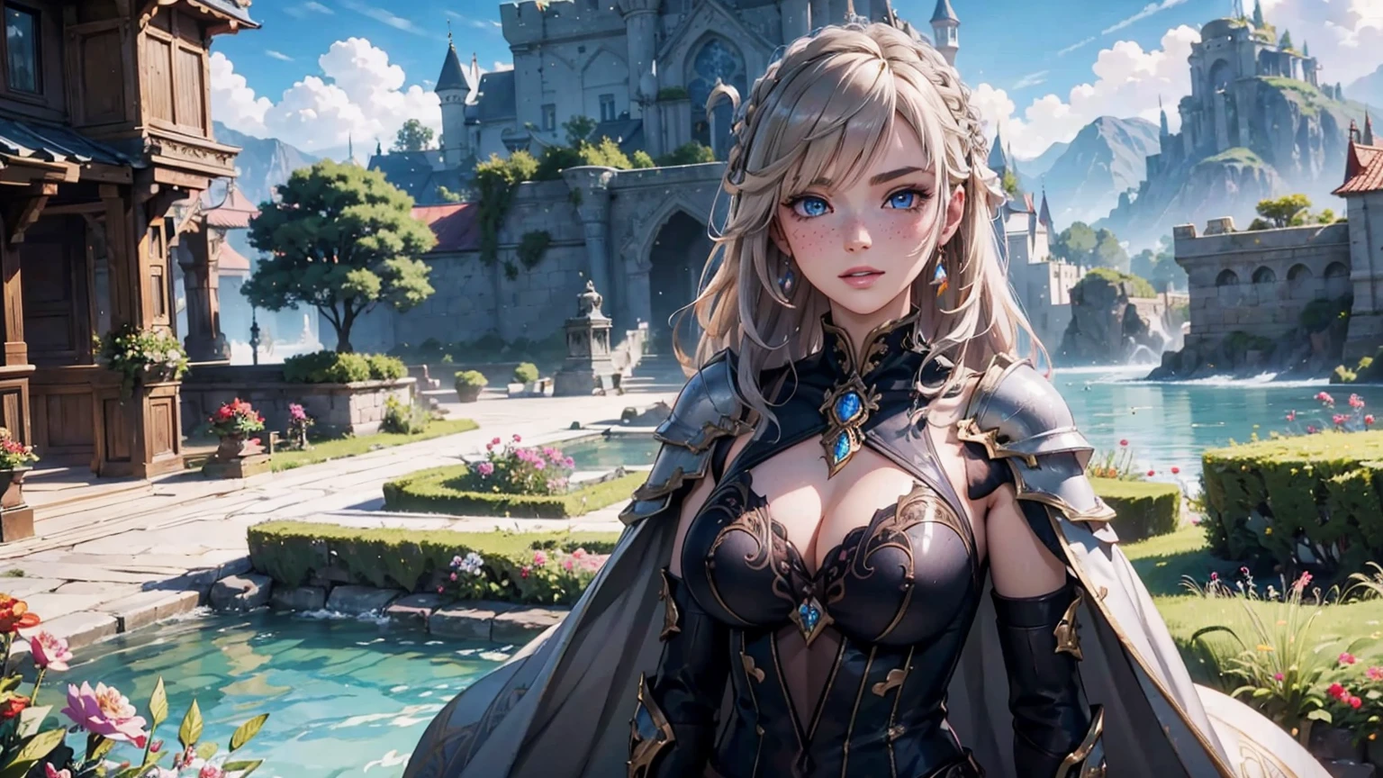 (best quality,16k, highres, masterpiece:1.2), ultra-detailed wallpaper, beautiful European girl, lonely girl, model face, exquisite facial features, clear facial expressions, freckles and subtle blush on her cheeks, piercing and enchanting blue eyes, rosy cheeks and luscious lips, enchanting smile, flowing golden locks, gradient hair, confident posture, captivating and regal presence, strong and confident stance, imposing presence, confident and regal pose, intricately constructed armor and detailed complexity, adorned with embossed patterns and fine craftsmanship, delicate etching and filigree, flowing cape, background of a breathtaking landscape, a perfect blend of medieval and fantasy elements, lush greenery, fountain, beautiful flowers, colorful butterflies, rolling hills, majestic mountains in the distance, castle in the distance, regal background, splendid lighting effects, dramatic lighting, HDR, UHD, physically-based rendering, extreme detail description, professional, vivid colors, elegant, vibrant, crisp and vivid colors, impeccable attention to detail, Ultra-detailed CG,detailed anime digital art,anime digital art,high-quality anime art style, award winning,