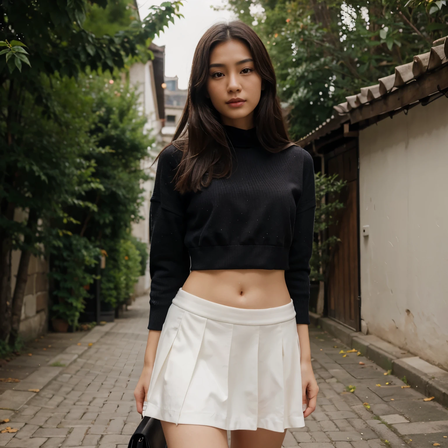 beautiful half Asian girl with defined jaw, modest but seductive, Modeling shot, Europe, designer colorful clothes, short skirt, crop top,  beautiful nature