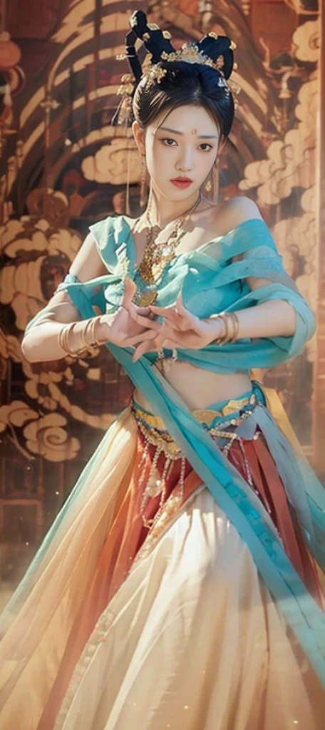 Masterpiece, (best quality: 1.3), super high resolution, original photos, detailed skins, beautiful lighting, (realistic, realistic: 1.4), 1girl, Dunhuang, sunset, hand details, full body, Dunhuang, flying sky, dance moves