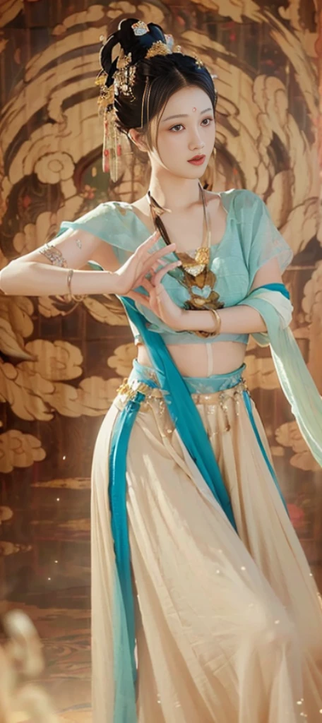 Full body image, face close-up, face shot, a beautiful woman, messy hair, Full of girly feeling, Symmetrical bun, hair accessories, jewelry, delicate face, (sling: 1.5), (High slit skirt 1.7), (many patterns: 1.5), crop navel, open belly, open breast, Dunhuang style, many ribbons, delicate skin, soft light effect, delicate and Smooth hair, Exquisite details, Eye highlights, White skin, Detailed characterization, extreme details, quality, thin, thin and long, shattered, hair details, thin bangs, Shawl hair, Right body, shadow, air bangs, 8k, Ultra-fine, fine fabric texture, soft, Smooth, Smooth texture, ((( Dunhuang style)), Exquisite pattern, Correct hand drawing,