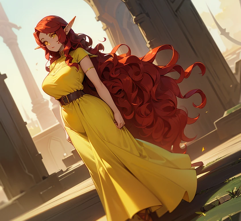 (((An elf woman alone))),(((light skin))),(((Wavy red hair))),(((yellow eyes and a sharp look))),(curvy body),(((wearing pretty dress)))