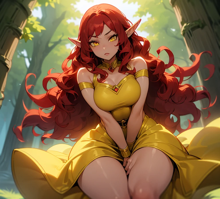 (((An elf woman alone))),(((light skin))),(((Wavy red hair))),(((yellow eyes and a sharp look))),(curvy body),(((wearing pretty dress)))