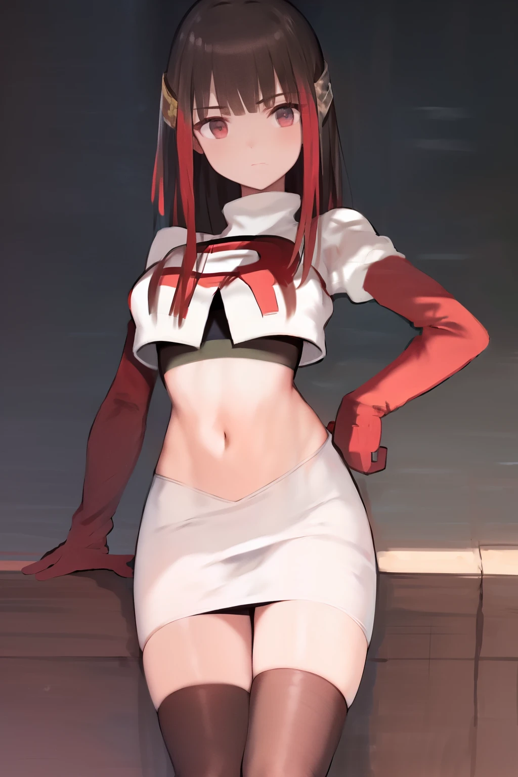 masterpiece, best quality, highres, 1girl hair ornament, team rocket,team rocket uniform, red letter R, white skirt,white crop top,black thigh-highs,black elbow gloves,