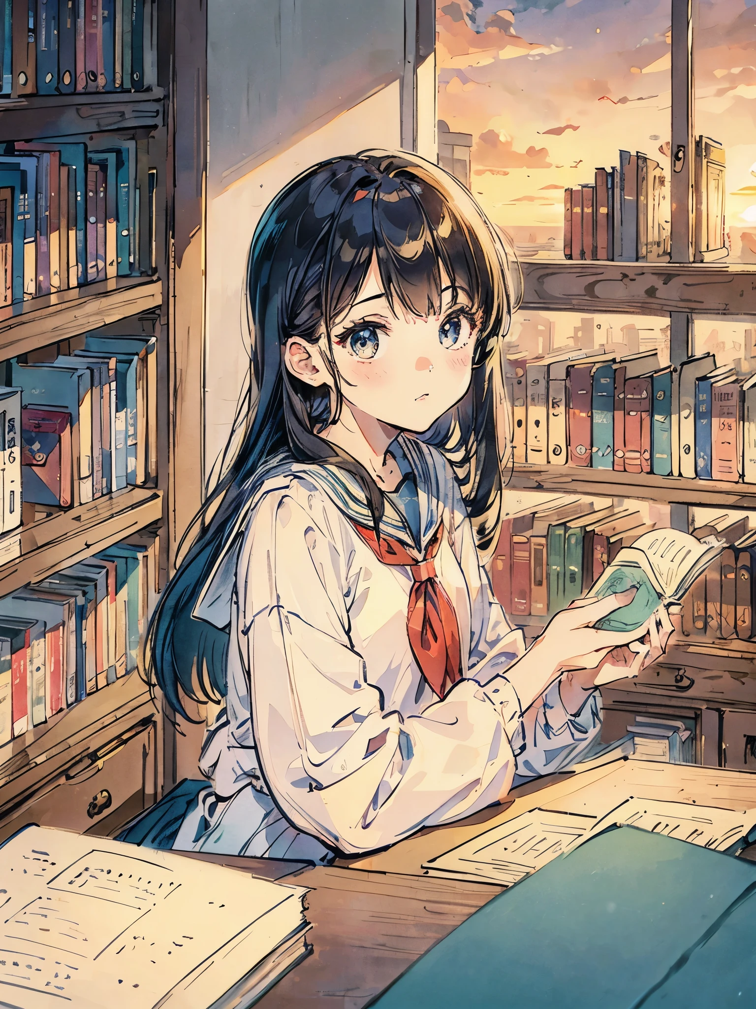library、books stacked up、countless bookshelves、A girl in a sailor suit is sitting、sunset shining through、nostalgic、mysterious、