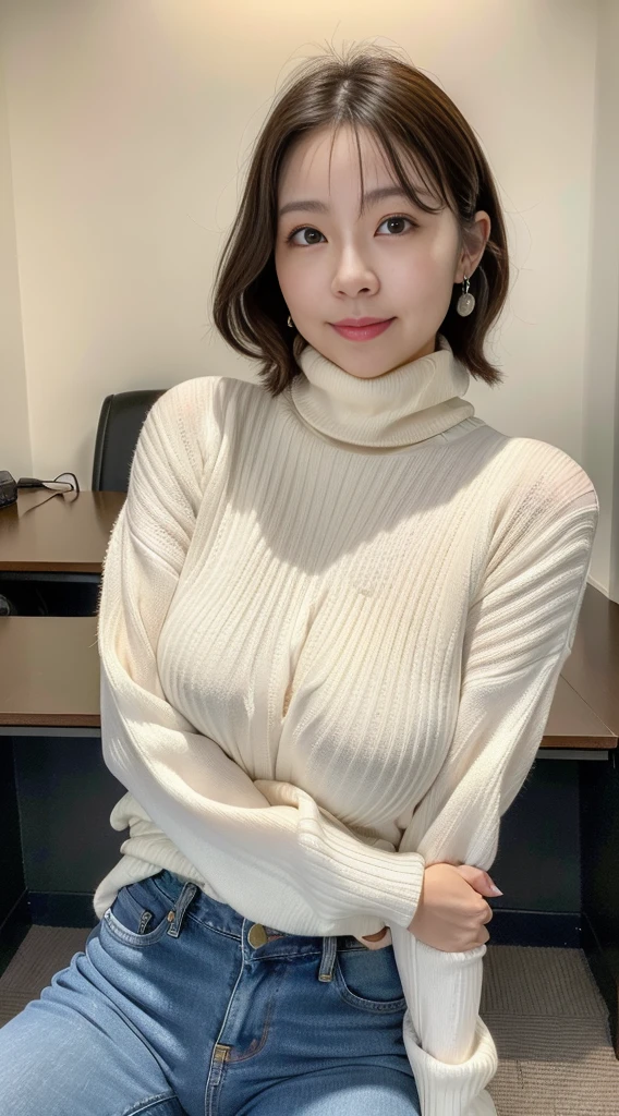 best quality, High resolution, Hires, skin definition, detailed skin, detailed eyes, detailed face, 4K, 日本人mature woman, ((solo)), (((50 years old))), (wrinkles at the corners of the eyes:1.6), (nasolabial folds:1.7), mature woman, sex appeal, sexy, fair skin, ((wavy long hair)), Looking at Viewer,(((old skin))), ((loose muscles)), (((very large breasts:1.28))), ((loose breasts)), (flaccid butt), ((japanese model)), 4K, (photoReality:1.5), Reality, ticker, Beautiful, Bimbo, Perfect makeup, eye make up:1.5, small diamond necklace, earrings, (((turtleneck sweater, jeans))), smile, Office Desk,full body photo,