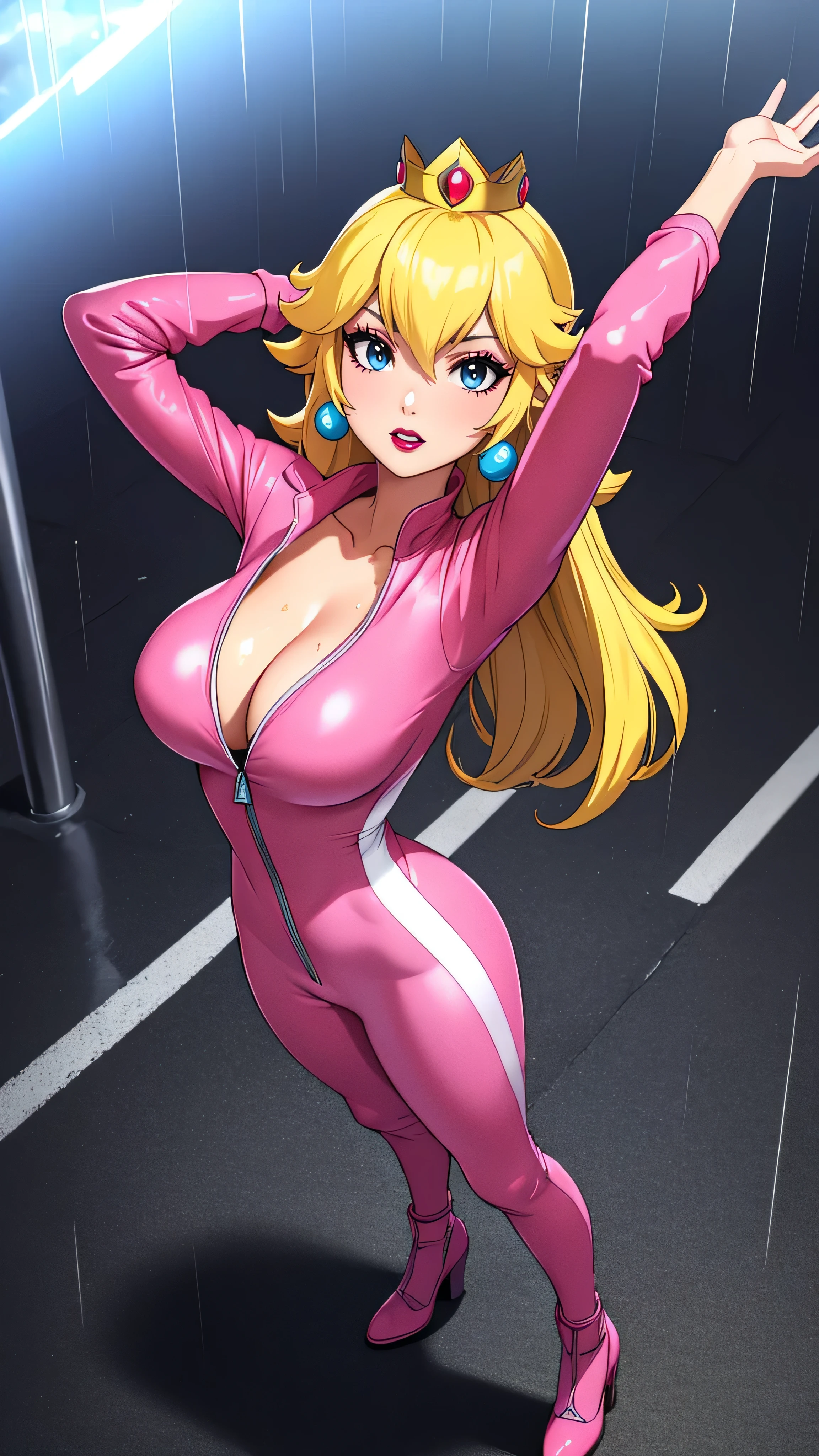 ((high detailed, best quality, 4k, masterpiece, hd:1.3)), BREAK rainy day, sunlight, landscape, it's raining, raining, Princess Peach standing posing under the rain, BREAK neon blue eyes, seductive, attractive, sexy smile, smiling, smooth anime cg art, 34C breasts, cleavage, (long fitness legs), vivid colors, detailed digital art, slim body, perfect skin, wet blonde hair, wet long hair, wet hair, BREAK crown, BREAK looking at viewer, extremely detailed face, (pink jumpsuit), (Jumpsuit:1.5), (pink racing suit), (racing suit:1.5), (pink high heels), full wet body, wet body, earrings, gem, dark gothic eyeshadows, dark eyeshadows, black eyeshadows, black_sexy_lips, black lips, dark lips, gothic painted lips, dark_black_lips, very dark lips, black_painted_lips, (very thin lips), thin lips, detailed lips, (dark:1.2), (perfect hands, perfect anatomy), black makeup, detailed fingers, five fingers per hand, 5 fingers, (1 girl), (solo:1.3), (breast focus), (breasts out:1.3), (from above:1.3), (arms rised:1.3), (arms up:1.3),