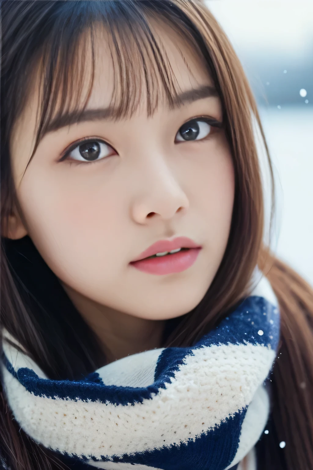 ((Show only the face、close up of face))、(The mouth is hidden by a scarf:1.2)、(realistic、Photoreal、Super detailed、best detailed skins、highest quality、masterpiece、ultra high resolution)、cute japanese woman、、high school girl、young girl、light makeup、1 girl、have bangs、double eyelid、drooling eyes、watch here、realistic肌タイプ、thick muffler、fluffy hair、snow mountain、winter、Hair bulges with a scarf、that'It's snowing