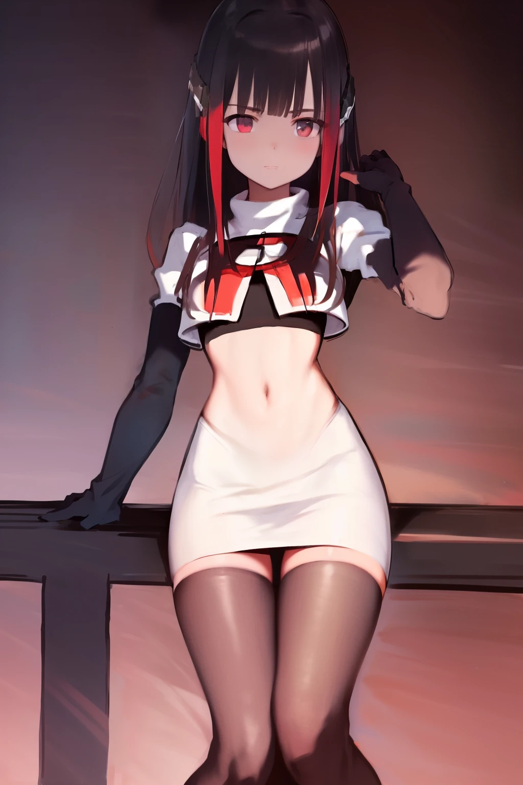 masterpiece, best quality, highres, 1girl hair ornament, team rocket,team rocket uniform, red letter R, white skirt,white crop top,black thigh-highs,black elbow gloves,