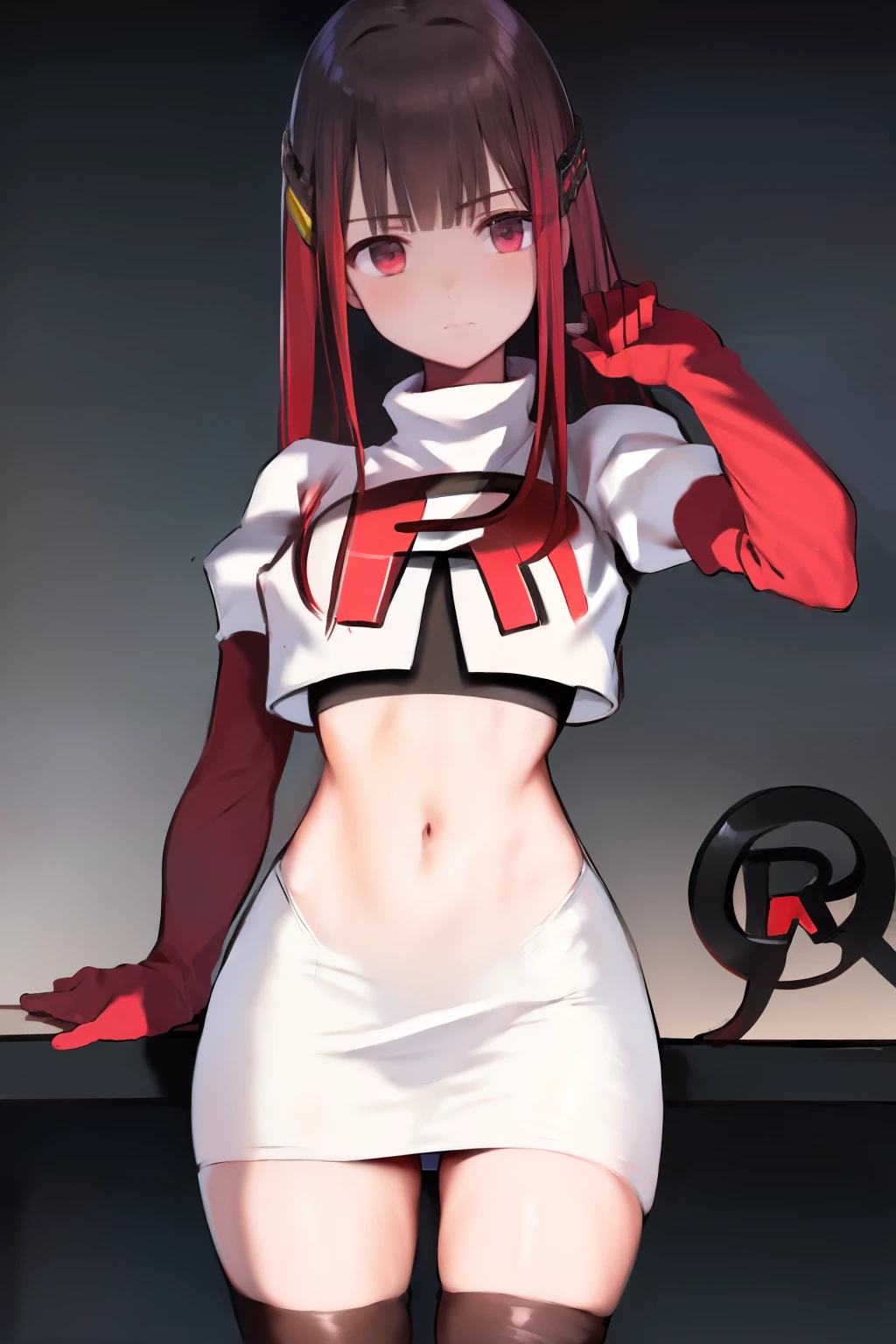 (sfw), 1girl ,((high detail, anatomically correct)), (((UHD, retina, masterpiece, ccurate, 8k))), highres, high details, award winnineessy hair, high ponytail)), (Red Hair with black highlight), (ponytail), (Huge Breast, Large Breast), (race outfit), ((magazine background)),
