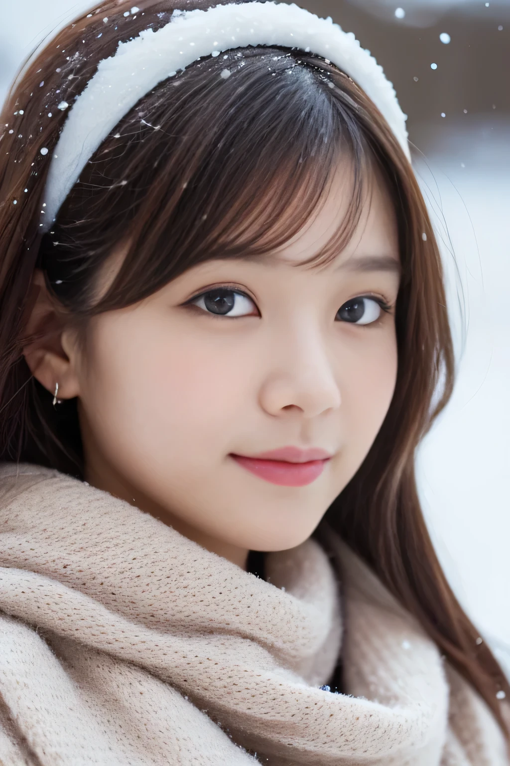 ((Show only the face、close up of face))、(The mouth is hidden by a scarf:1.2)、(realistic、Photoreal、Super detailed、best detailed skins、highest quality、masterpiece、ultra high resolution)、cute japanese woman、16 years old、high school girl、young girl、light makeup、1 girl、have bangs、double eyelid、drooling eyes、watch here、realistic肌タイプ、thick muffler、fluffy hair、snow mountain、winter、Hair bulges with a scarf、that'It's snowing