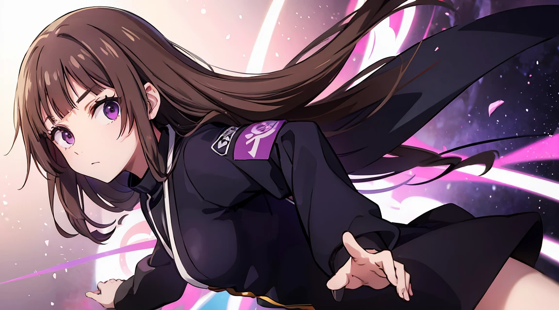 Long brown hair, cute, purple eyes, jujutsu kaisen uniforn 
