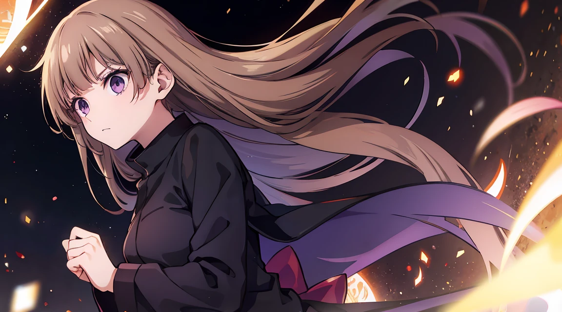 Long brown hair, cute, purple eyes, jujutsu kaisen uniforn