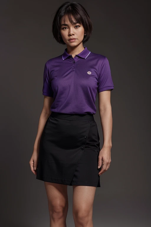 Create a realistic, full-body image of a 50-year-old Thai woman with a good figure, short bob hair, standing with arms crossed and wearing a purple polo sports t-shirt. wearing a black skirt Vertical image size gray studio backdrop