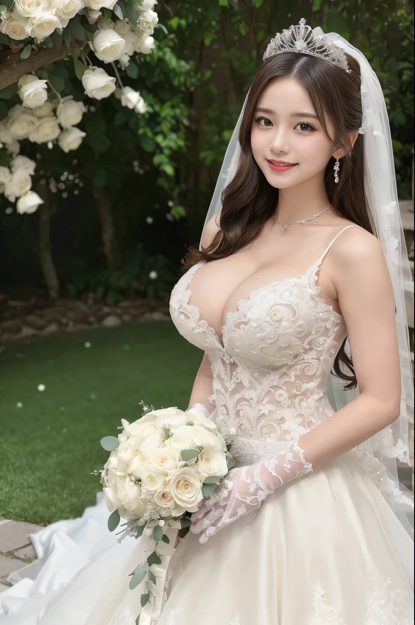 (best quality, on the table:1.2), (actual:1.3), (Super detailed background, Detailed background), Bokeh, ((Large breasts:1.2)), ((Beautiful valley)),(long tail wedding dress:1.3),Bridal tiara, wedding veil, bridal gloves, Bridal waterfall bouquet, Upper body, mediterranean wedding venues, The skirt is round and wide, 1 girl in, ager, Lovely,smiling,