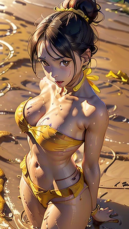 extremely detailed CG Unity 32K wallpaper, (raw photography, masterpiece, ultra-high definition, highest resolution:1.1), authentic, highest quality, (correct anatomy:1.5), intricately detailed face, extremely realistic skin texture, expressive face, professional photo, POV, 1 girl, Japanese , 17 yrom front:1.4), solo, cowboy short, looking at viewer, black hair, (SINGLE hair bun:1.2), highly detailed skin, (tan:1.4), glossy skin, highly detailed eyes, (narrow and dark eyes:1.5), hyper-realistic nose and lips, (oval outline of the face:1.3), ((embarrassed:1.3)), (curvy:1.1), (beautiful breast:1.4), (slim abdomen:1.5), ((muscular:1.1)), (perfect body proportion:1.4), ((yellow bikini:1.5)), realistic naval, ((accidentally trapped in quicksand:1.4)), (((partially buried in quicksand:1.4))), (((waist is buried in quicksand:1.5))), ((the girl is gradually sinking deeper into quicksand:1.3)), (((quicksand, beach, summer, evening, sunset:1.3))), (sharp focus, depth of field:1.2), (photorealistic, professional lighting:1.5), best aesthetic, ultra-detailliart,