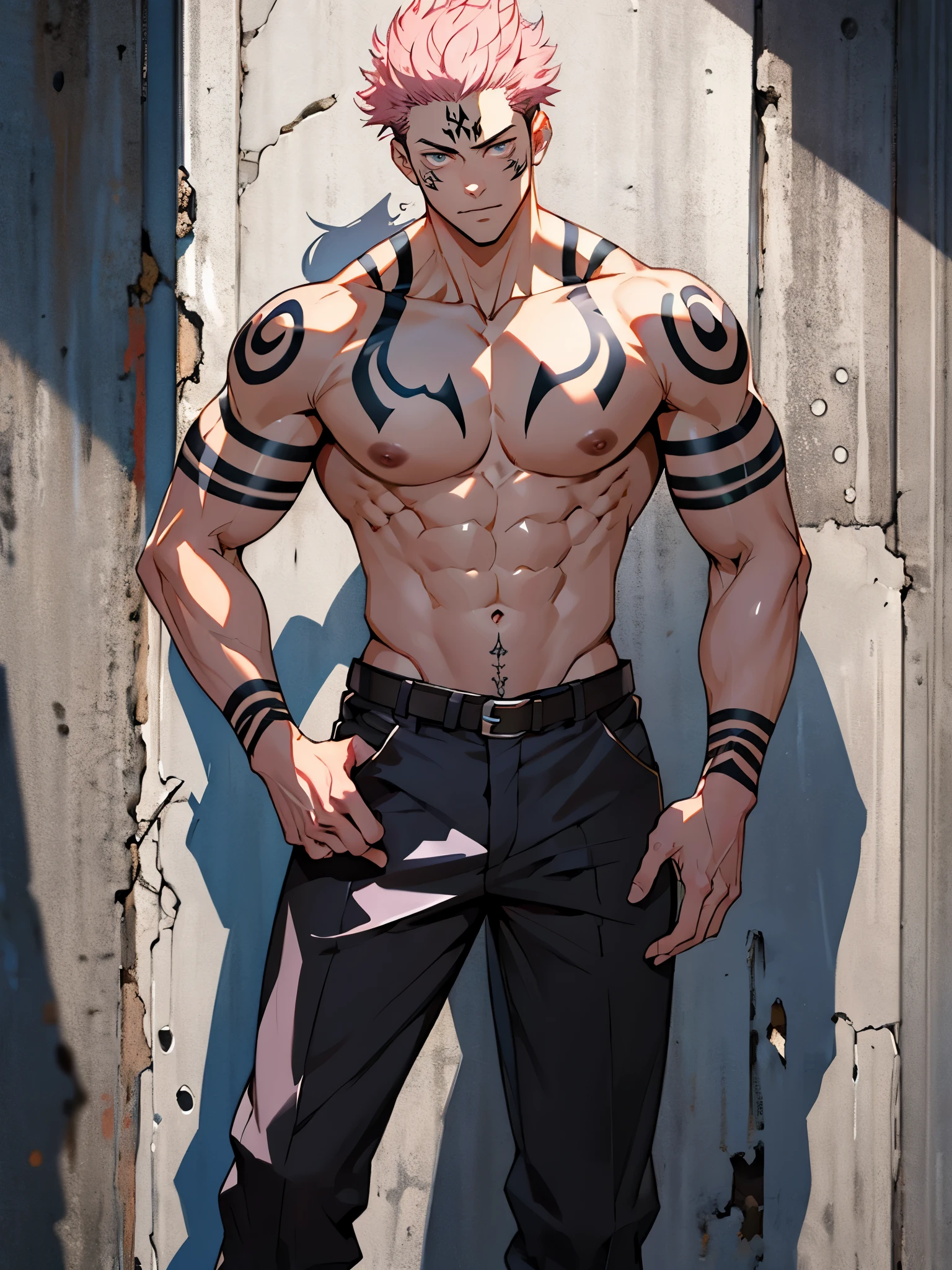 Best quality, masterpiece, expressionless, ultra high res, detailed background, solo, muscular male, short hair, cowboy shot, real shadow and light, Sukuna a man with pink hair and shirtless, tattoo_ryoumen, tattoo_on_his_face, eye focus, manly, mature, full body, anatomically correct,