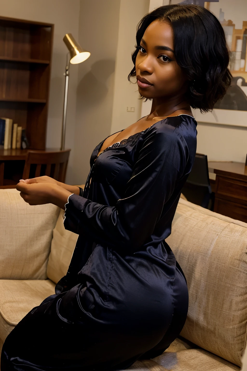 Beautiful African American woman wearing sexy silky black pajamas, graceful figure, coquettish, study room, sofa, random enchanting movements, facing the camera, imaginative, first love