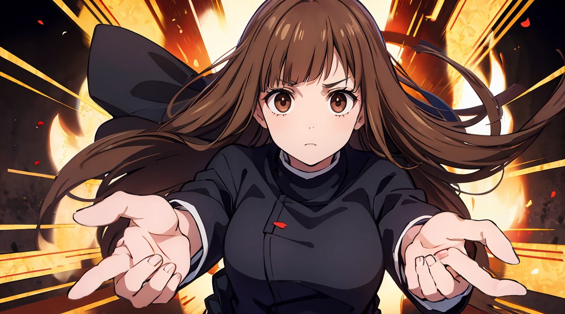 Long brown hair, cute, brown eyes, jujutsu kaisen uniforn