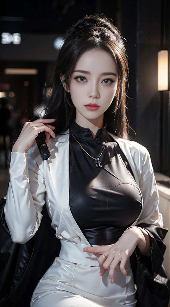 (1girl:1.3), solo, __Body parts__ realistic skin, pale skin, big boobs, official art, unified 8k wallpaper, ultra detail, beauty and aesthetics, beauty, masterpiece, best quality, in cyberpunk city, fantastic atmosphere, calm color palette, peaceful mood, soft shadows, nurse, glamour, huge breasts