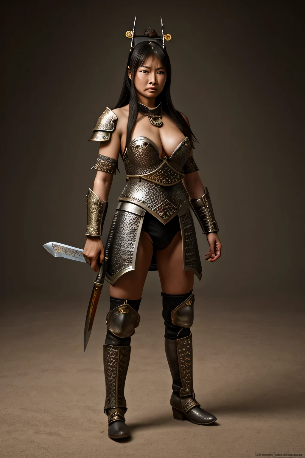 Mongol warrior woman standing with sword, breasts exposed, medium sized breasts, armored boots, shoulder armor, chainmail, intense expression, flat nose,