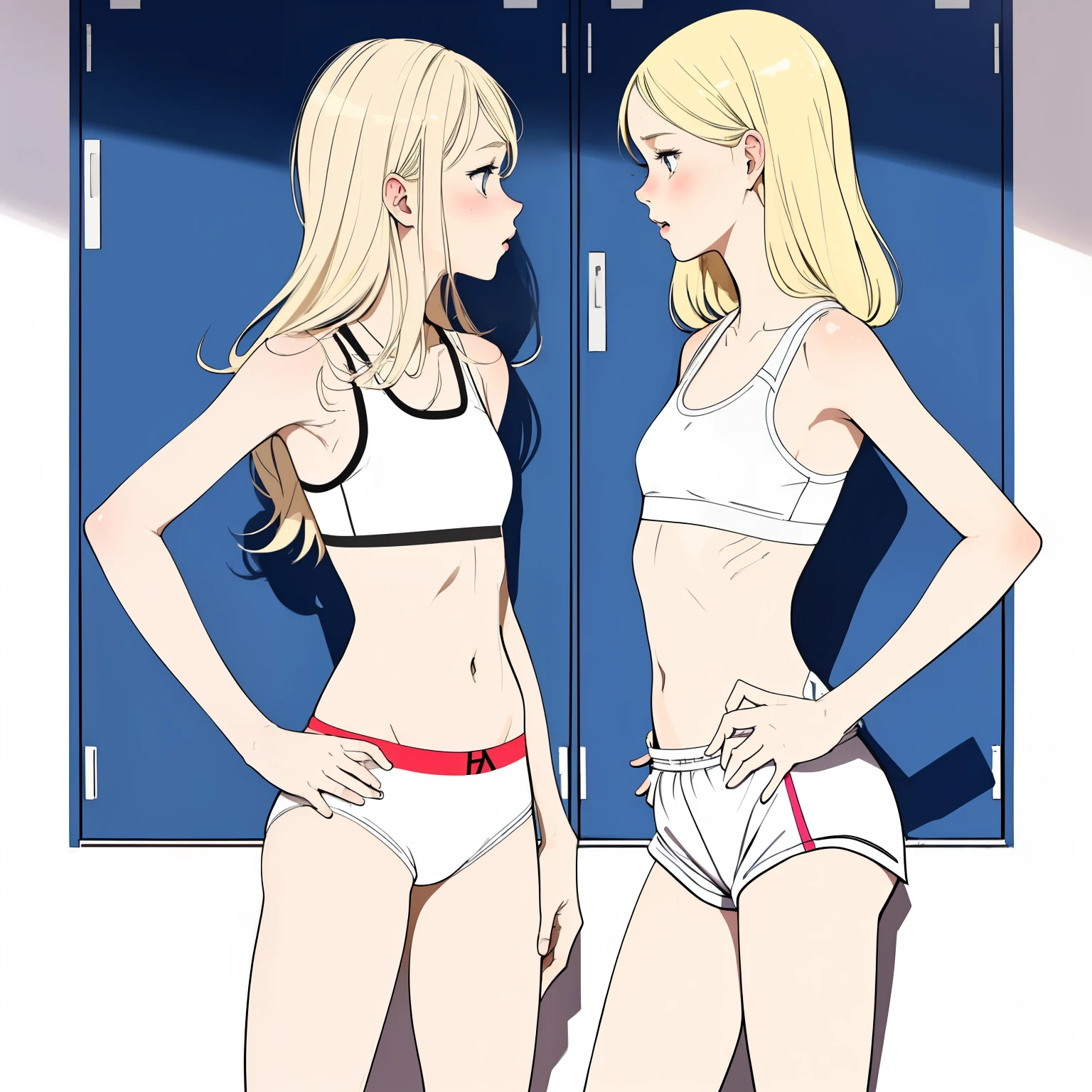 (super flat, flat shading, flat color:1.1), (locker room), girl, , high school girl, slim, small breasts, blonde hair, (white sports bra, sports shorts), kiss, blush, bright sunshine, best shadows, watercolor,