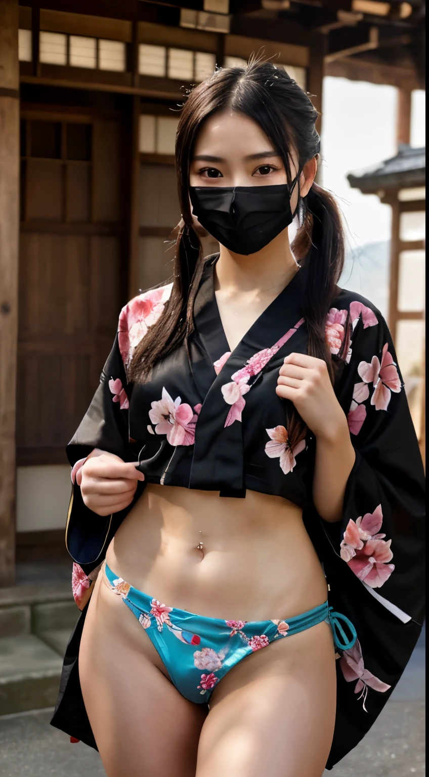 最high quality、high quality、best image quality、8K、最High resolution、High resolution、最high quality、masterpiece、RAW photo、full body photo、realistic atmosphere、(detailed face)、(fine hands、thumb1reference4)、(beauty of japan )、very nice face、cute face、((beautiful japanese girl))、(japanese woman), ((18 year old beautiful girl))、(glossy black hair)、(straight long hair)、(ponytail)、slim style、(shiny skin)、(Fair skin, Glossy skin)、real human skin、realistic human body structure、perfect body, perfect face, perfect hands, perfect fingers, perfect lips, perfect eyes,perfect teeth、perfect background, perfect atmosphere,The shape of the nipple is clearly visible、The shape of the pubic area is clearly visible、professional lighting、the only national costume、japanese traditional、(kunoichi kimono)、In front of samurai residence、((black mesh fabric(floral crop top kimono、String loincloth、mouth mask))、((lunge pose))